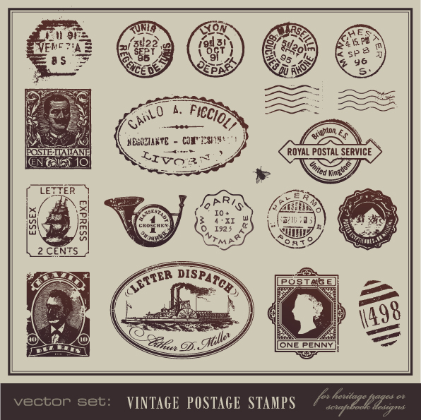 free vector Vintage postcards and postage stamps 01 vector